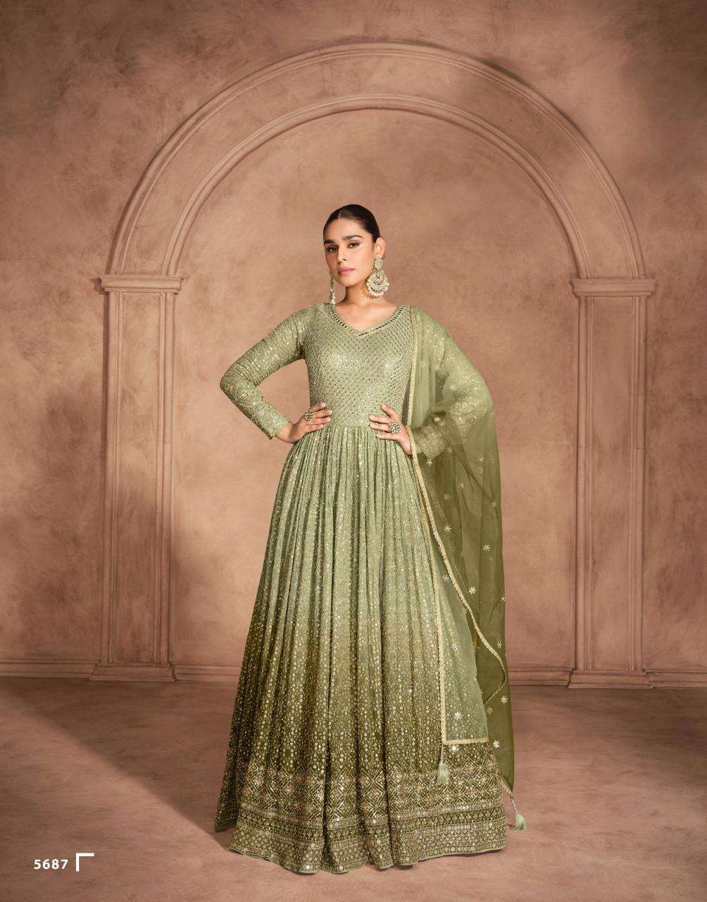 DESIGNER FANCY REAL GEORGETTE LONG GREEN ANARKALI GOWN SALWAR SUIT NEW COLLECTION SY ADITI 5687