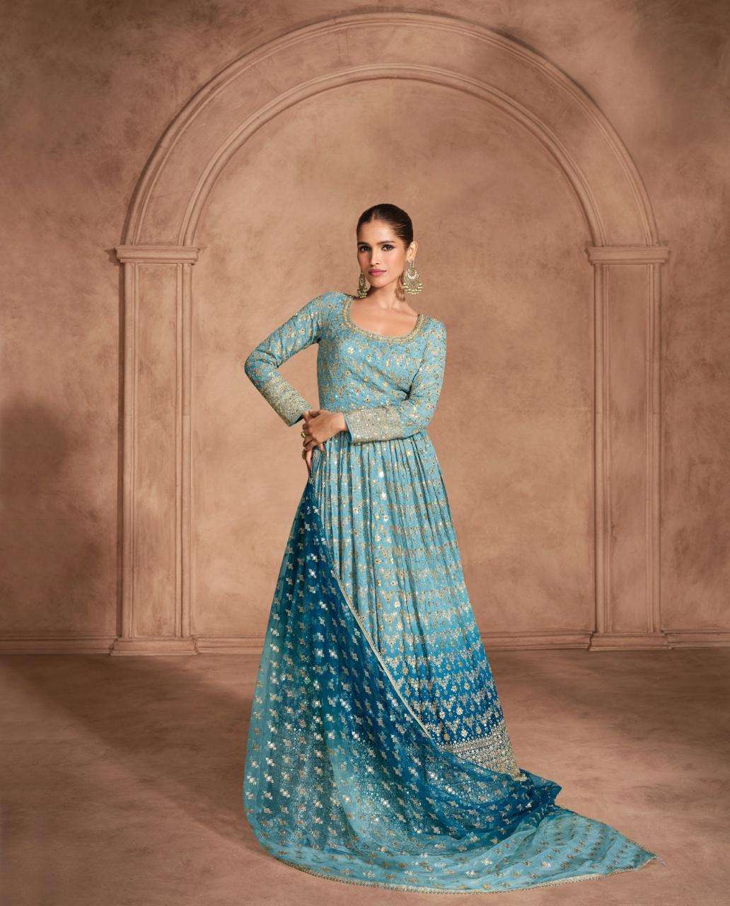 DESIGNER FANCY REAL GEORGETTE LONG SKY BLUE ANARKALI GOWN SALWAR SUIT NEW COLLECTION SY ADITI 5688