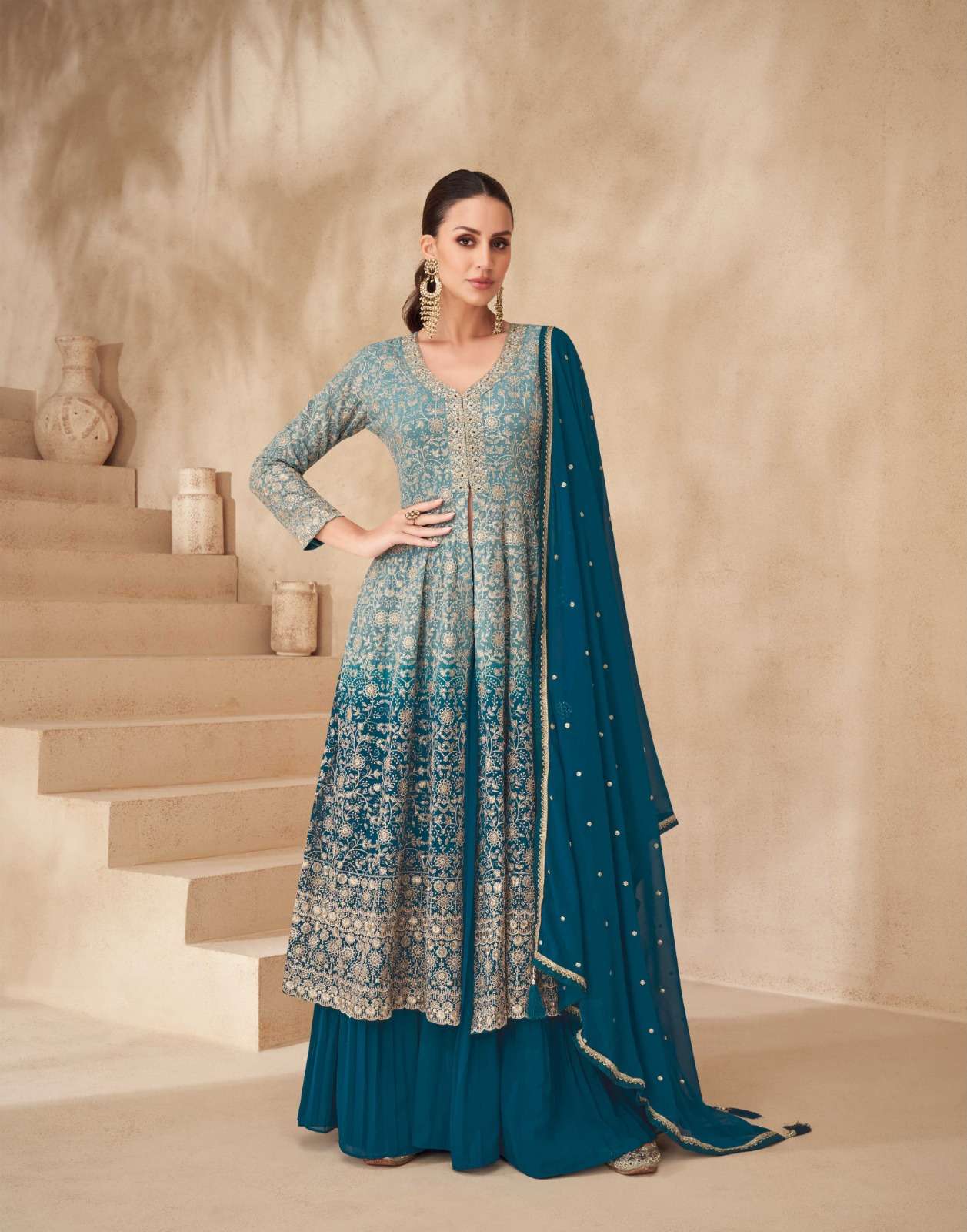 DESIGNER FANCY REAL GEORGETTE SKY BLUE SHARARA PALAZZO SALWAR SUIT NEW COLLECTION AF GULNAAZ 10207