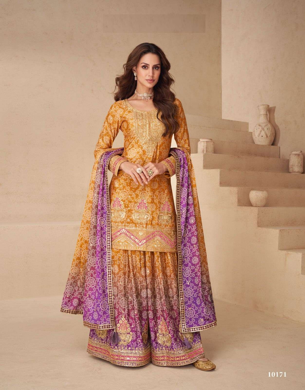 DESIGNER FANCY REAL YELLOW PURPLE CHINON SHARARA PALAZZO SALWAR SUIT NEW COLLECTION AF NETRA 10171