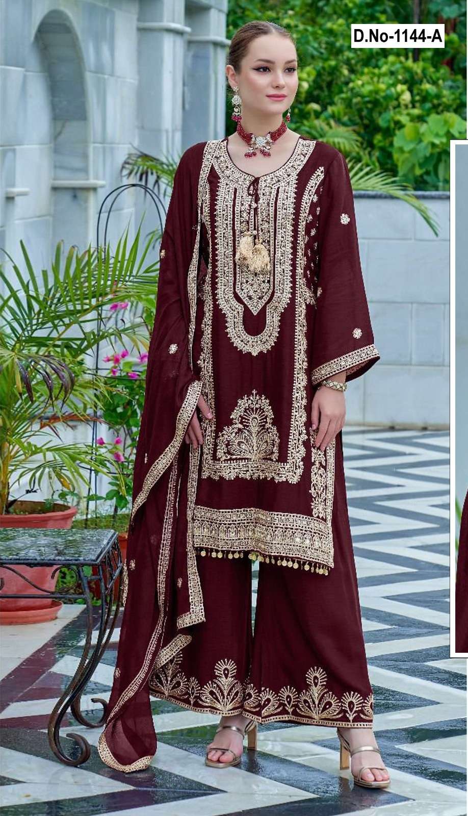 DESIGNER FANCY WEDDING CUM PARTY WEAR REAL CHINON MAROON SHARARA PALAZZO SALWAR SUIT SHF 1144 A