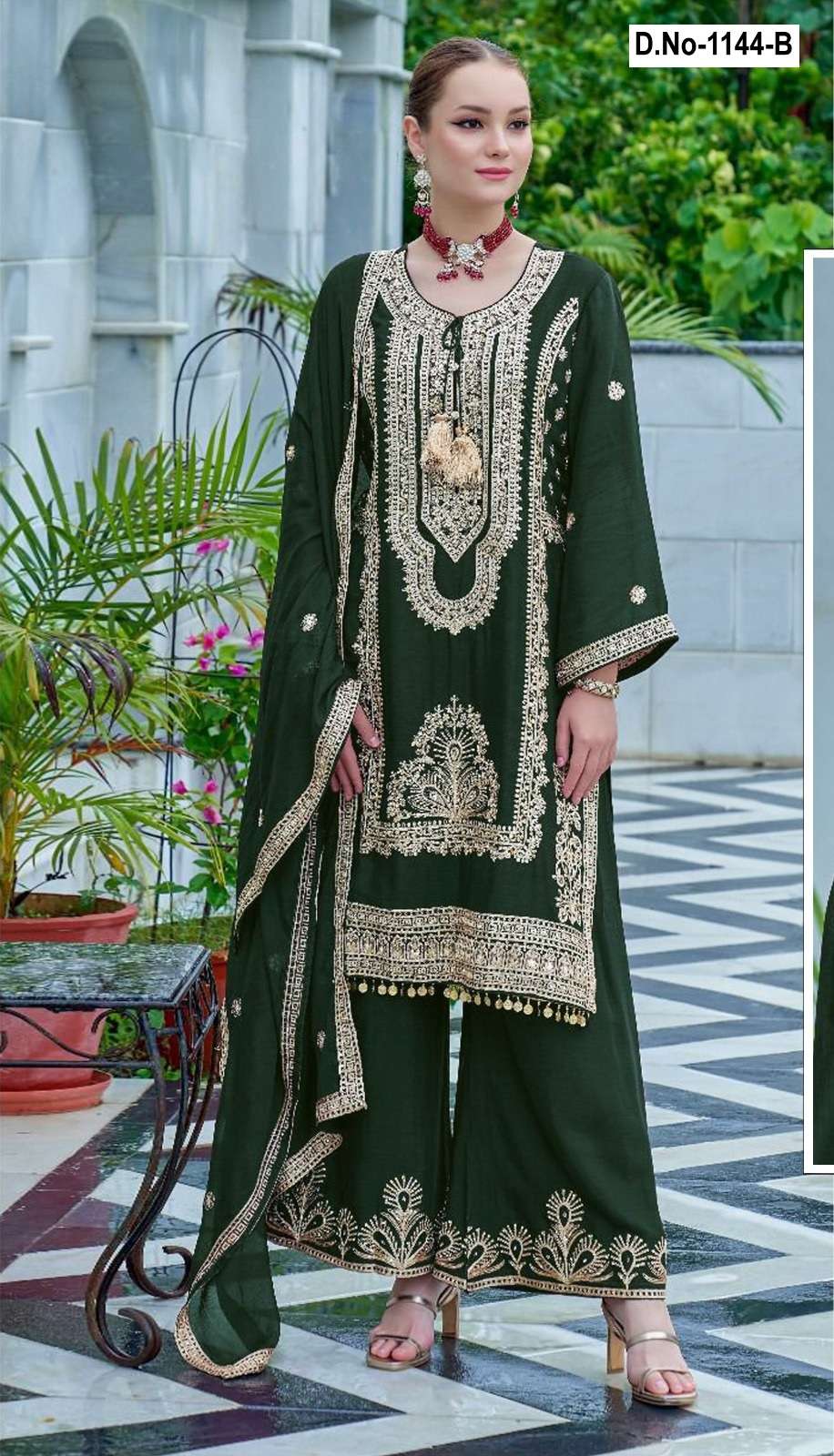 DESIGNER FANCY WEDDING CUM PARTY WEAR REAL CHINON GREEN SHARARA PALAZZO SALWAR SUIT SHF 1144 B