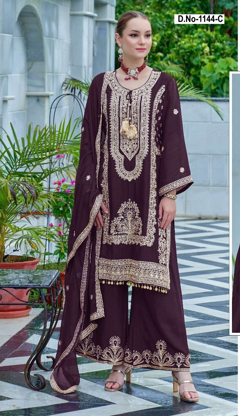 DESIGNER FANCY WEDDING CUM PARTY WEAR REAL CHINON WINE SHARARA PALAZZO SALWAR SUIT SHF 1144 C