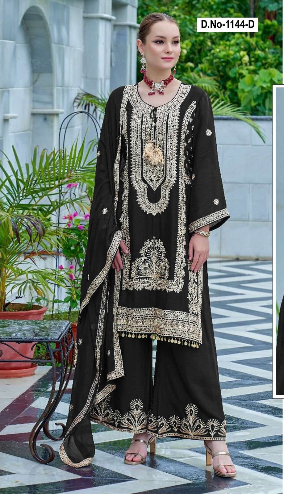 DESIGNER FANCY WEDDING CUM PARTY WEAR REAL CHINON BLACK SHARARA PALAZZO SALWAR SUIT SHF 1144 D