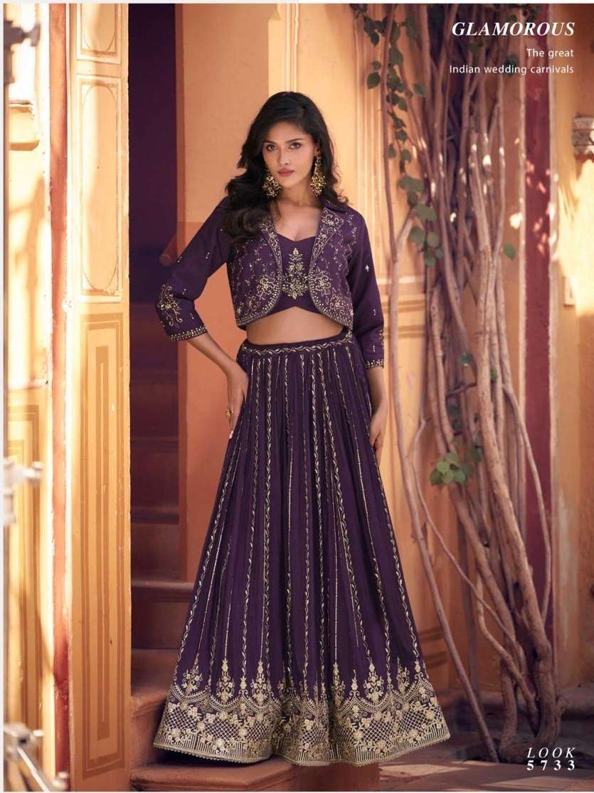 DESIGNER FANCY WEDDING PARTY WEAR CHINON SILK PURPLE KOTI WITH SKIRT LEHENGA COLLECTION SY INDIRA 5733