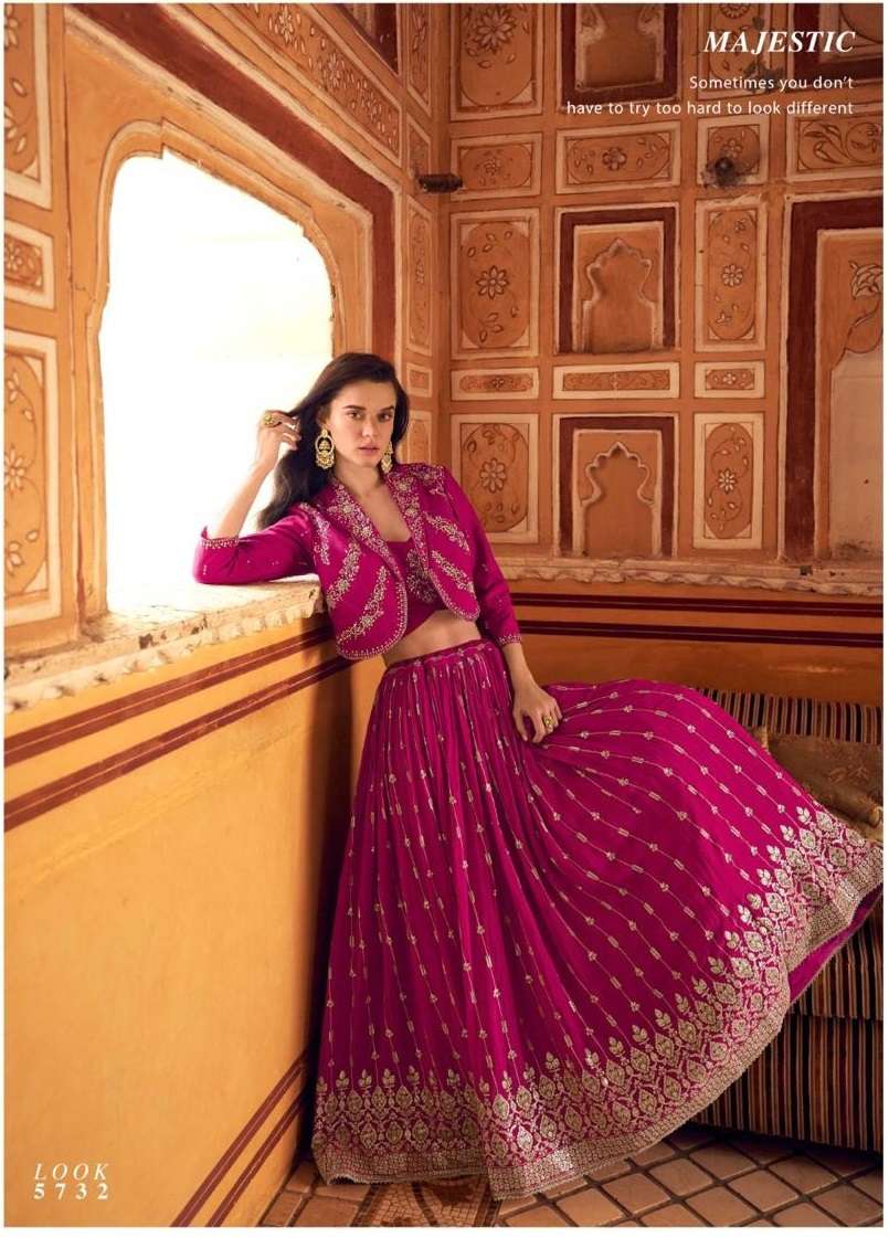 DESIGNER FANCY WEDDING PARTY WEAR CHINON SILK RANI PINK KOTI WITH SKIRT LEHENGA COLLECTION SY INDIRA 5732