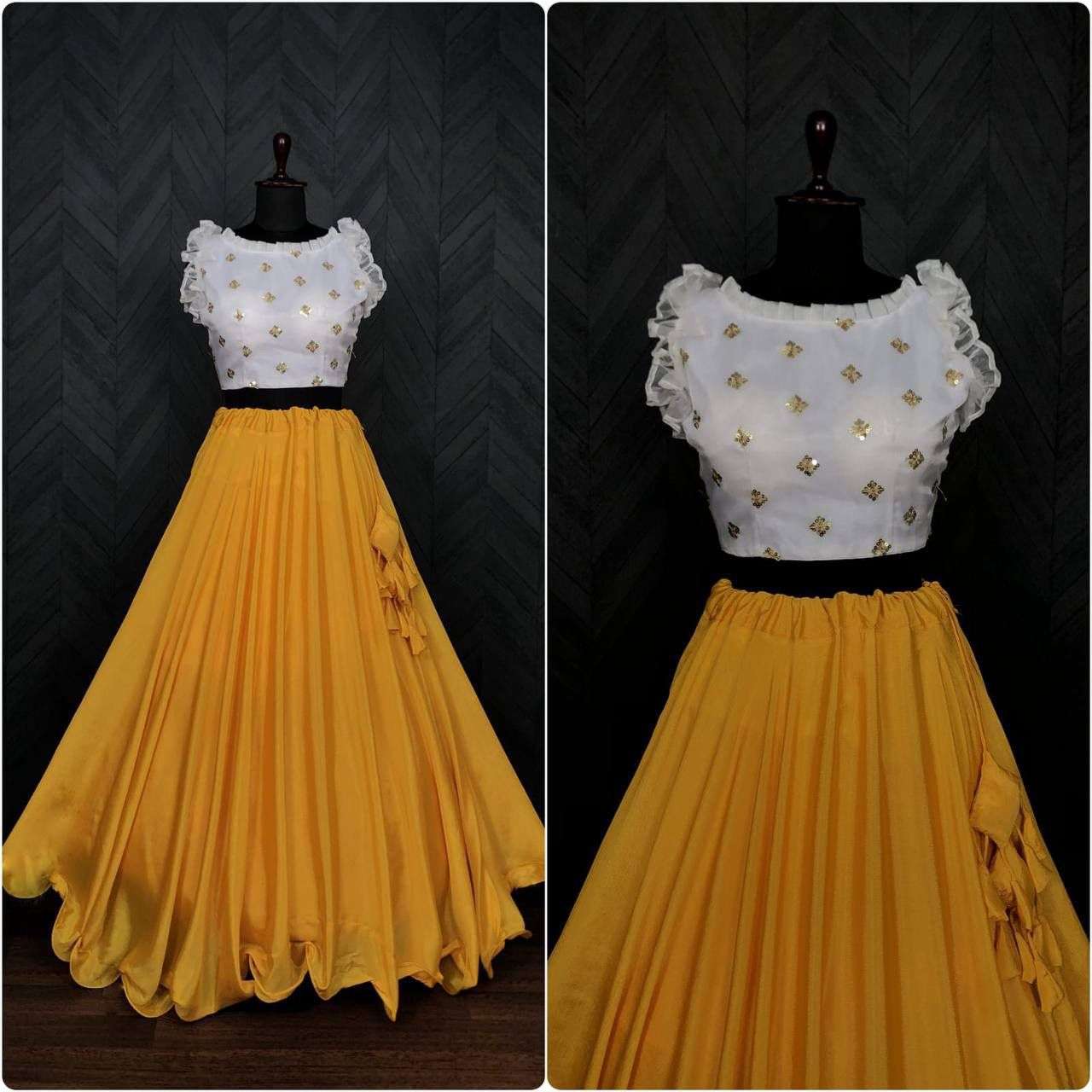 DESIGNER FANCY WEDDING PARTY WEAR CHINON YELLOW LEHENGA BLOUSE COLLECTION LW 7031B