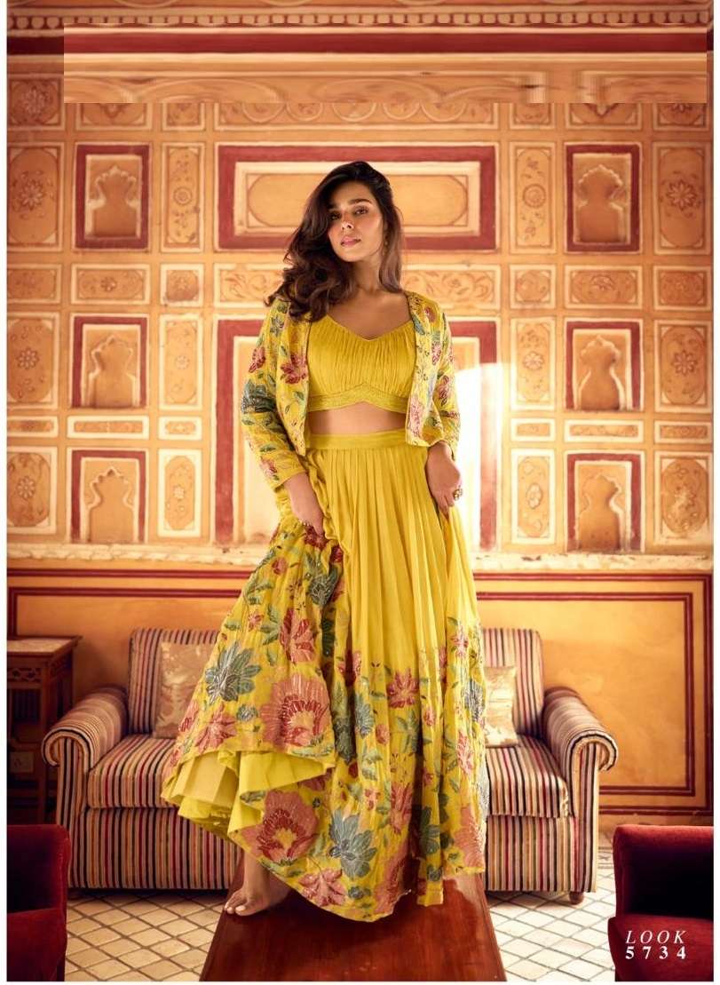 DESIGNER FANCY WEDDING PARTY WEAR CHINON YELLOW SILK KOTI WITH SKIRT LEHENGA COLLECTION SY INDIRA 5734