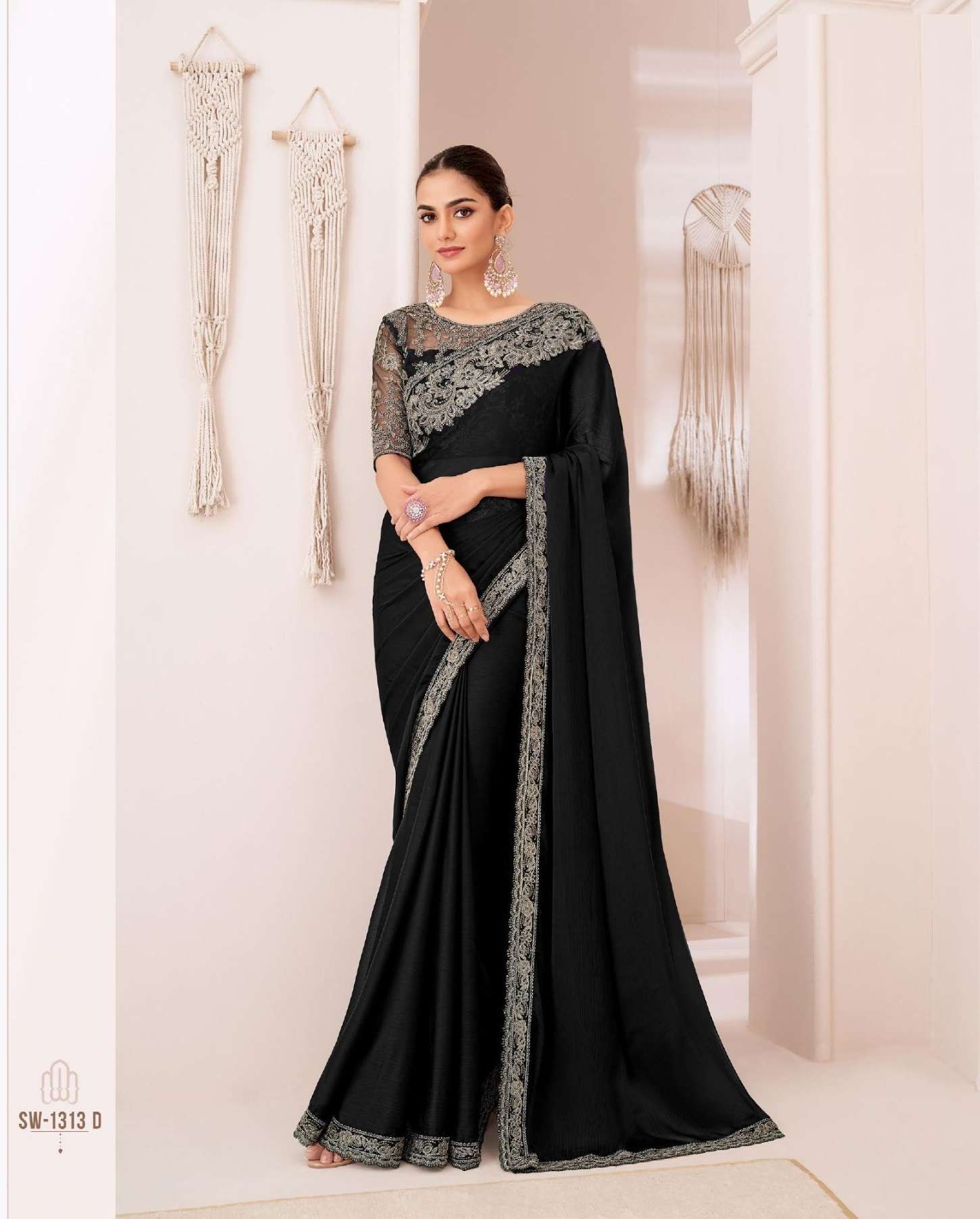 DESIGNER FANCY WEDDING PARTY WEAR INDIAN BLACK GEORGETTE SAREE COLLECTION SM TFH 1313 D