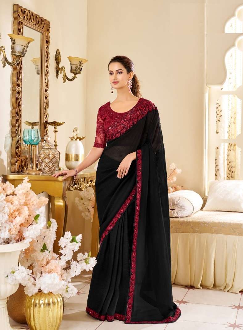 DESIGNER FANCY WEDDING PARTY WEAR INDIAN BLACK GEORGETTE SAREE COLLECTION SM ANMOL 14012