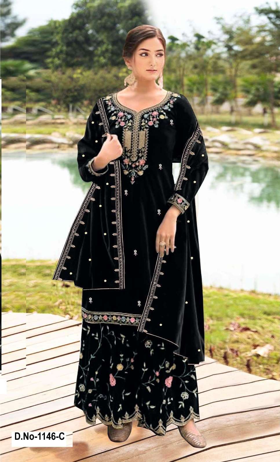 DESIGNER FANCY WEDDING PARTY WEAR INDIAN BLACK VELVET SHARARA PALAZZO SALWAR SUIT SRH 1146 C