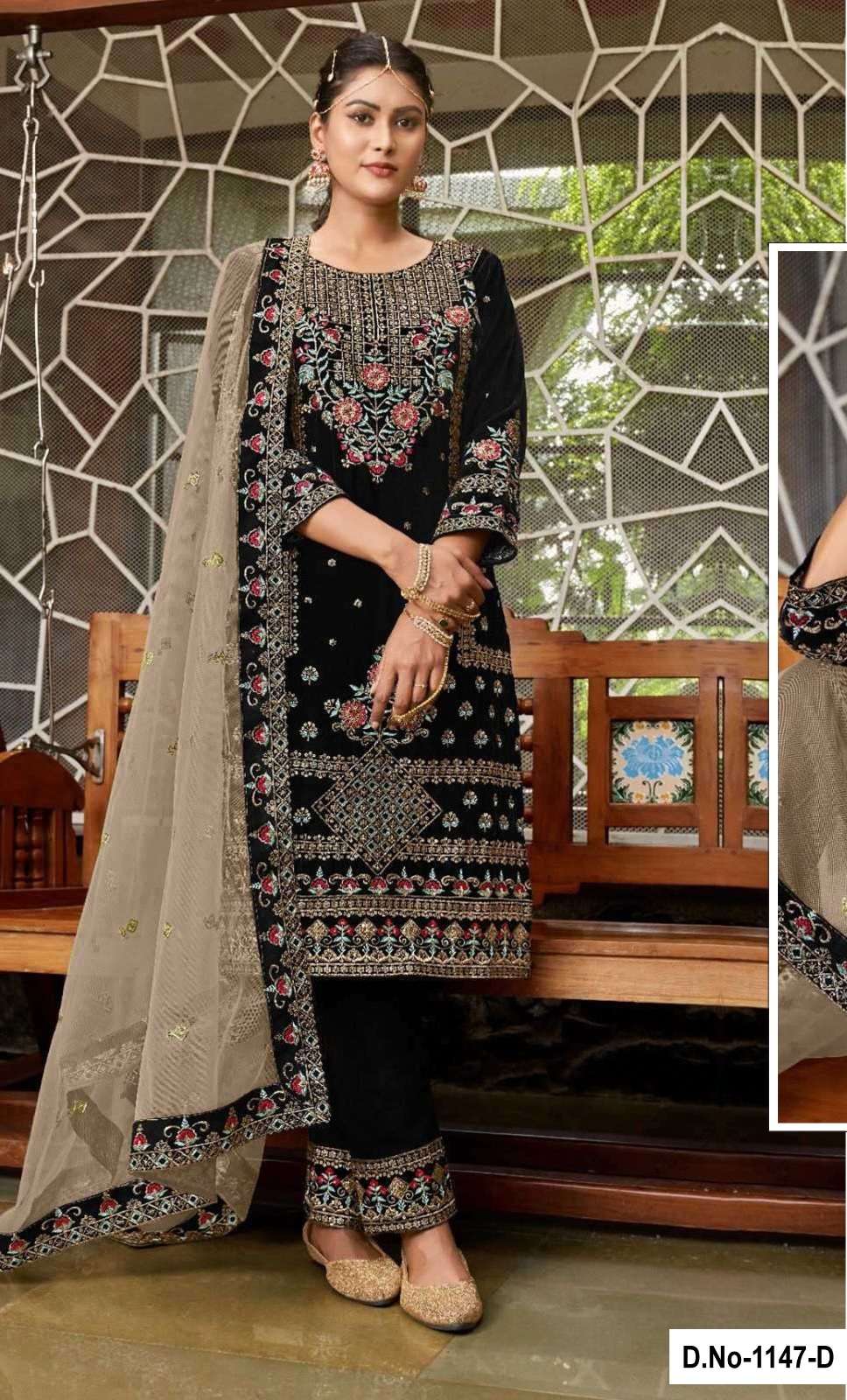 DESIGNER FANCY WEDDING PARTY WEAR INDIAN BLACK VELVET SHARARA PALAZZO SALWAR SUIT SRH 1147 D