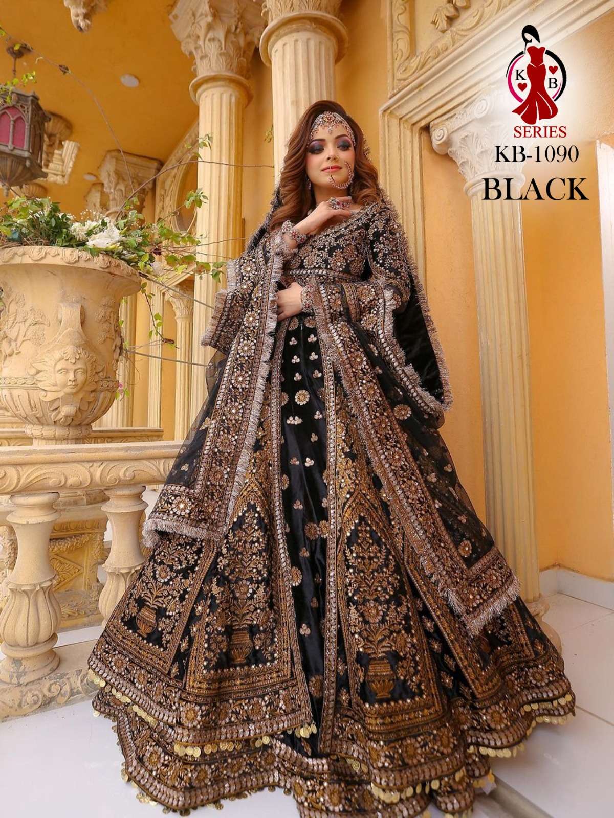 DESIGNER FANCY WEDDING PARTY WEAR INDIAN BLACK VELVET BRIDAL LEHENGA LONG CHOLI TOP WITH DUPATTA SENHORA KB 1090