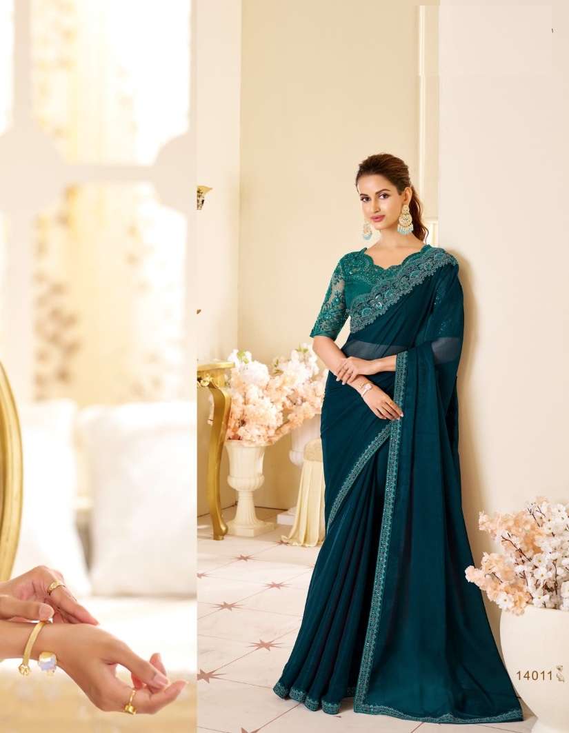 DESIGNER FANCY WEDDING PARTY WEAR INDIAN BLUE GEORGETTE SAREE COLLECTION SM ANMOL 14011