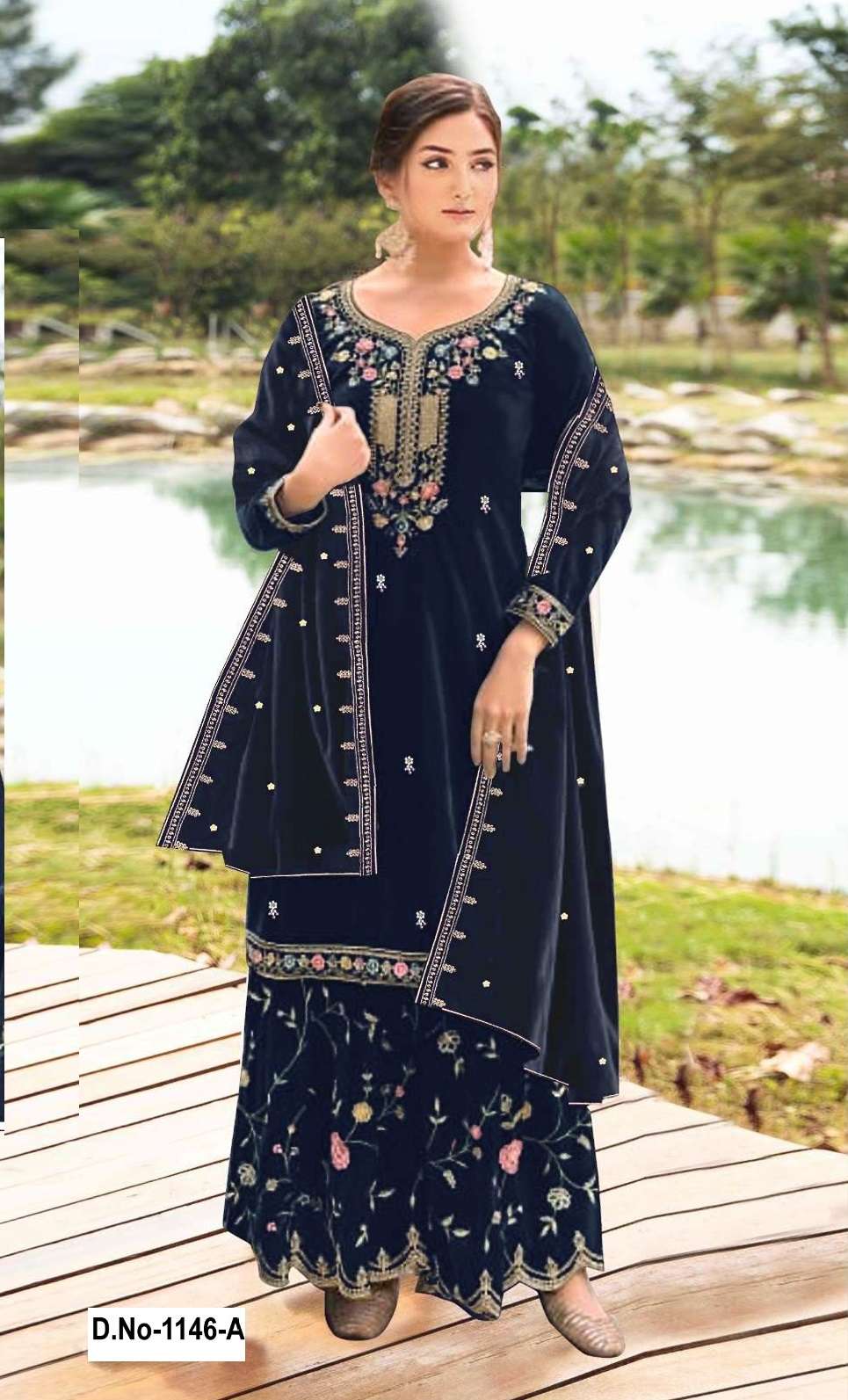 DESIGNER FANCY WEDDING PARTY WEAR INDIAN BLUE VELVET SHARARA PALAZZO SALWAR SUIT SRH 1146 A