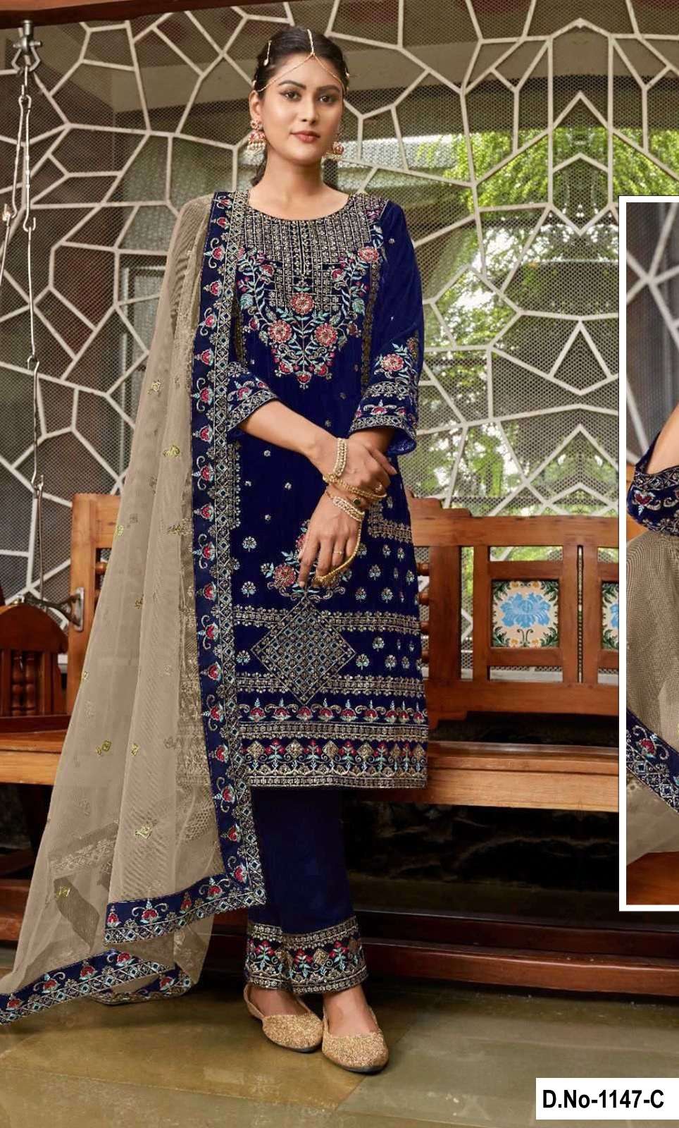 DESIGNER FANCY WEDDING PARTY WEAR INDIAN BLUE VELVET SHARARA PALAZZO SALWAR SUIT SRH 1147 C