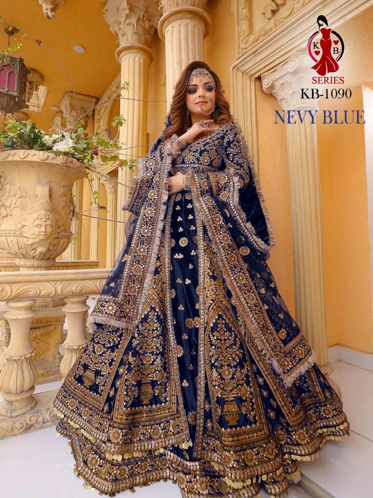 DESIGNER FANCY WEDDING PARTY WEAR INDIAN BLUE VELVET BRIDAL LEHENGA LONG CHOLI TOP WITH DUPATTA SENHORA KB 1090