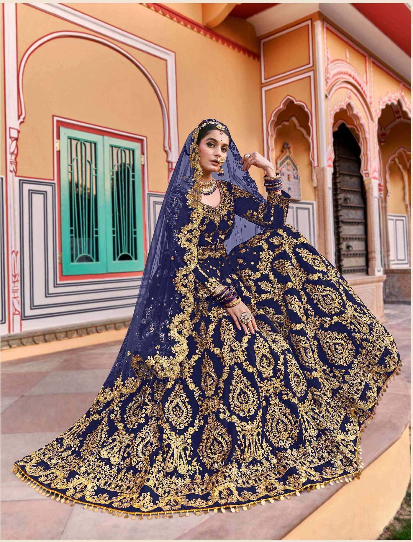 DESIGNER FANCY WEDDING PARTY WEAR INDIAN BLUE VELVET BRIDAL LEHENGA CHOLI WITH DUPATTA SENHORA RIWAYAT 3074 B