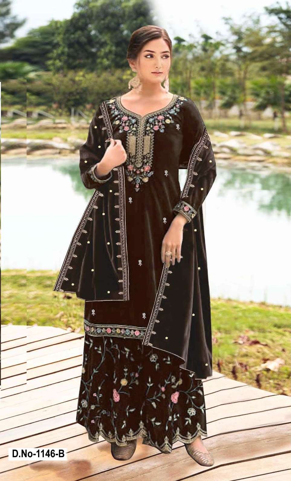 DESIGNER FANCY WEDDING PARTY WEAR INDIAN BROWN VELVET SHARARA PALAZZO SALWAR SUIT SRH 1146 B