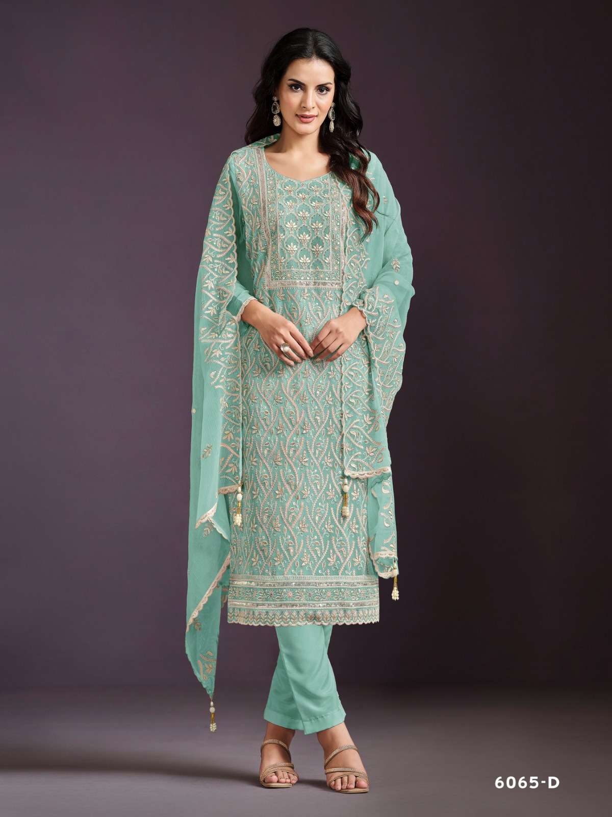 DESIGNER FANCY WEDDING PARTY WEAR INDIAN CHINON GREEN SALWAR SUIT HT VIPUL 6065 D