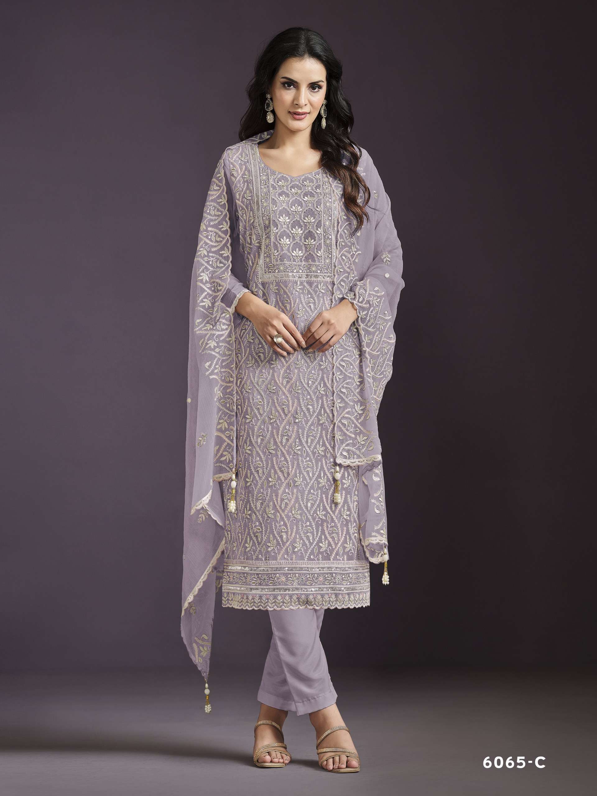 DESIGNER FANCY WEDDING PARTY WEAR INDIAN CHINON LAVENDER SALWAR SUIT HT VIPUL 6065 C