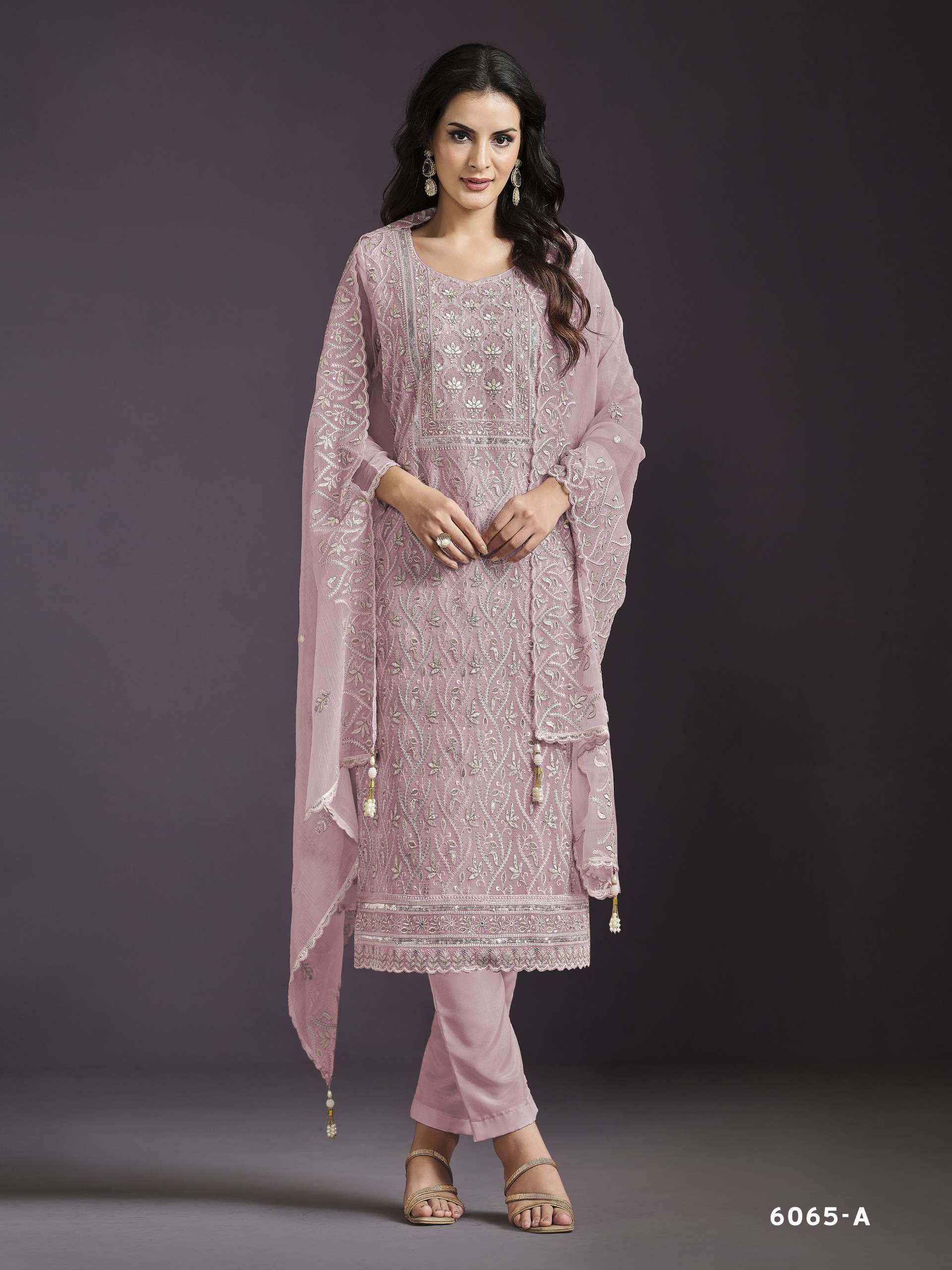 DESIGNER FANCY WEDDING PARTY WEAR INDIAN CHINON PINK SALWAR SUIT HT VIPUL 6065 A