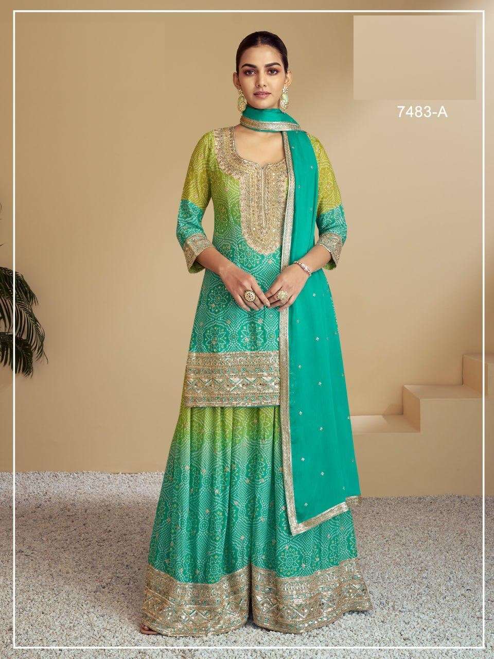 DESIGNER FANCY WEDDING PARTY WEAR INDIAN CHINON SILK GREEN SHARARA PALAZZO SALWAR SUIT JG FLORENCE 7483 A