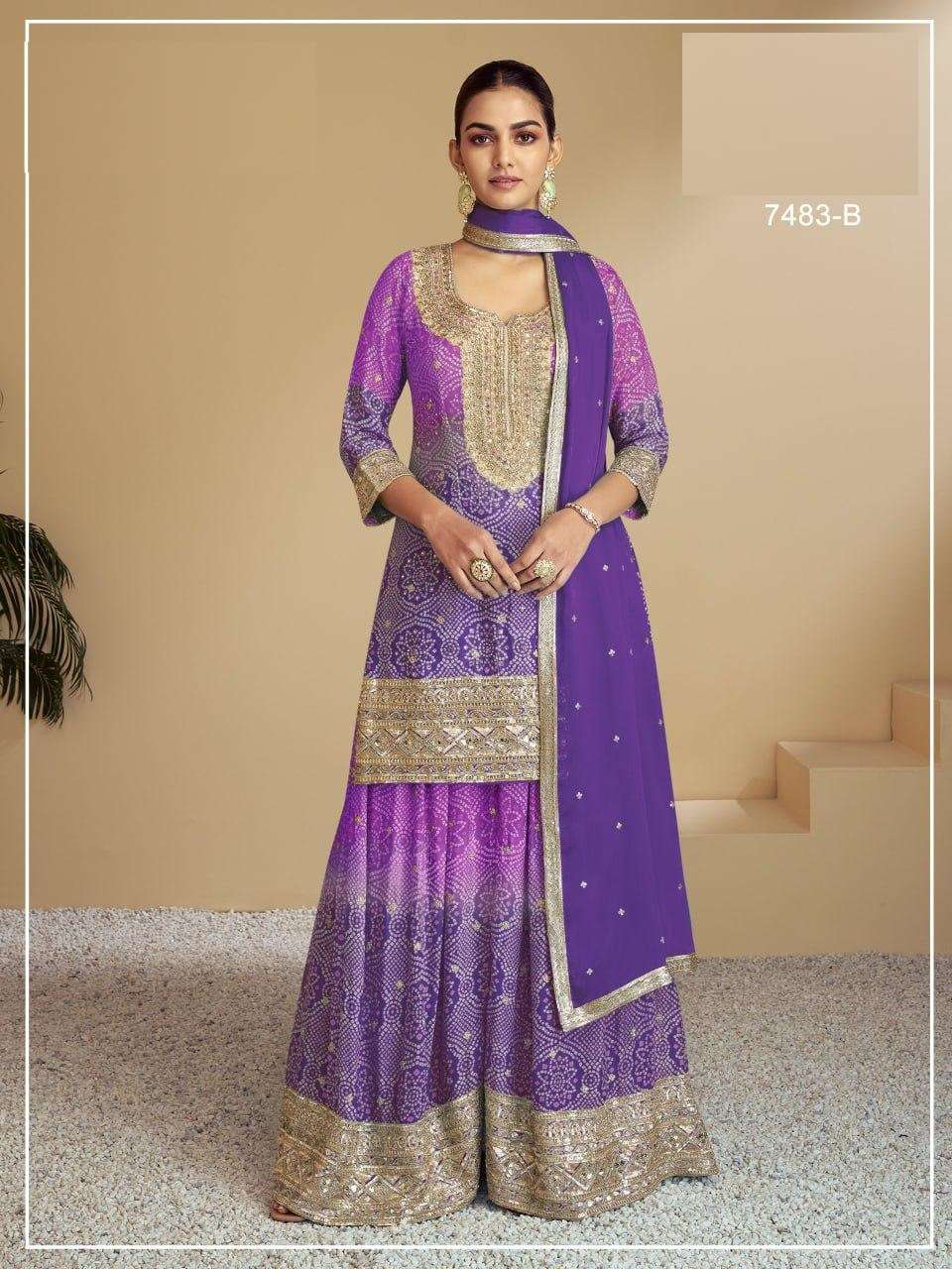 DESIGNER FANCY WEDDING PARTY WEAR INDIAN CHINON SILK PURPLE SHARARA PALAZZO SALWAR SUIT JG FLORENCE 7483 B