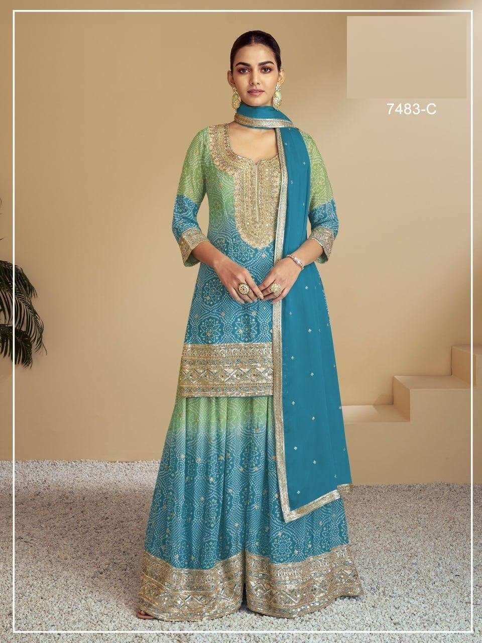 DESIGNER FANCY WEDDING PARTY WEAR INDIAN CHINON SILK BLUE GREEN SHARARA PALAZZO SALWAR SUIT JG FLORENCE 7483 C