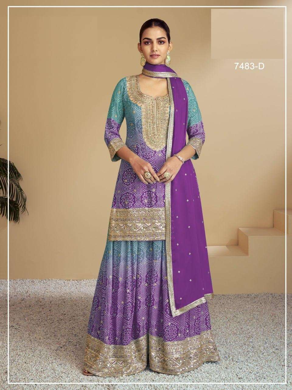 DESIGNER FANCY WEDDING PARTY WEAR INDIAN CHINON SILK BLUE PURPLE SHARARA PALAZZO SALWAR SUIT JG FLORENCE 7483 D