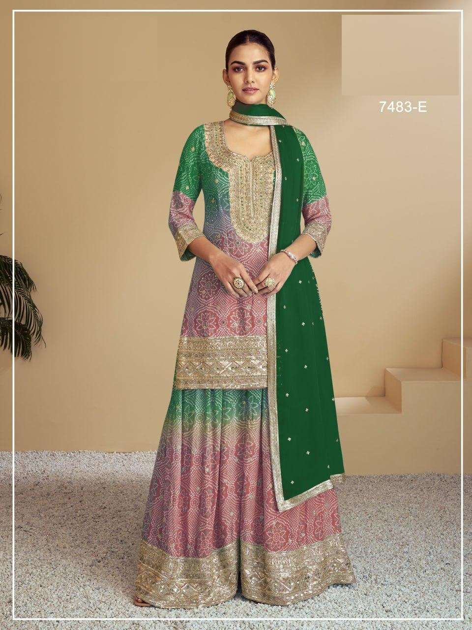 DESIGNER FANCY WEDDING PARTY WEAR INDIAN CHINON SILK GREEN SHARARA PALAZZO SALWAR SUIT JG FLORENCE 7483 E