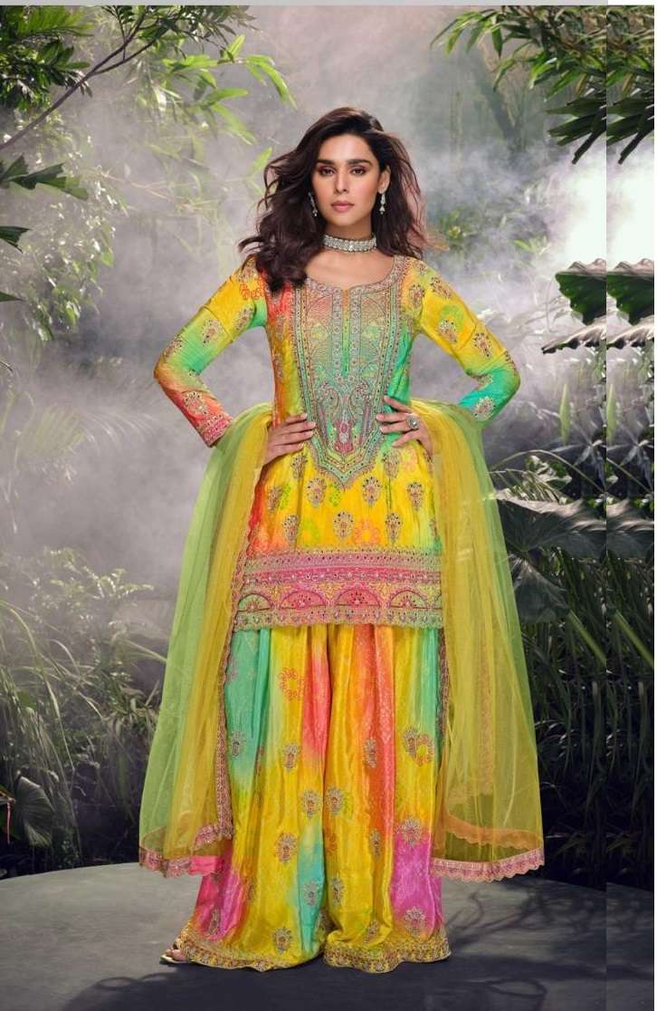 DESIGNER FANCY WEDDING PARTY WEAR INDIAN CHINON SILK YELLOW SHARARA PALAZZO SALWAR SUIT SY CARNIVAL 5723