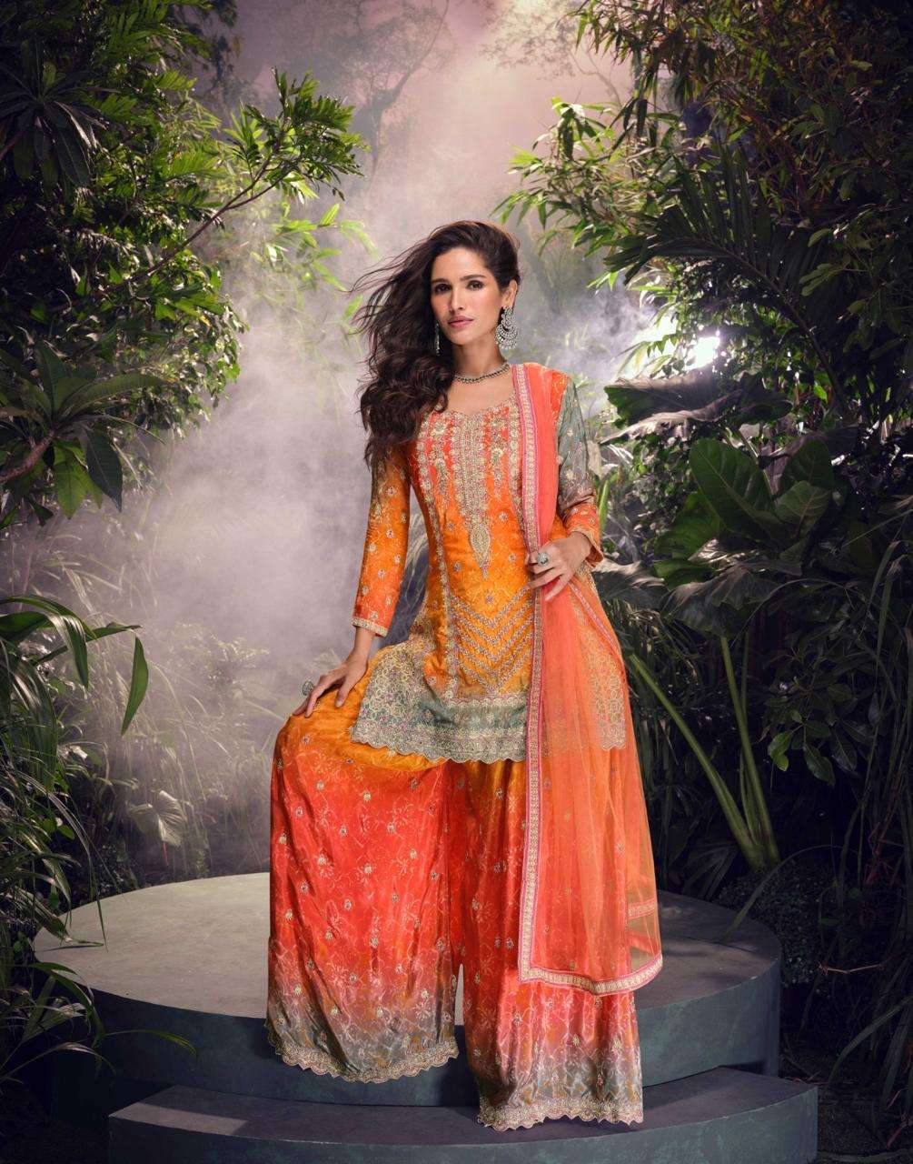 DESIGNER FANCY WEDDING PARTY WEAR INDIAN CHINON SILK ORANGE SHARARA PALAZZO SALWAR SUIT SY CARNIVAL 5724