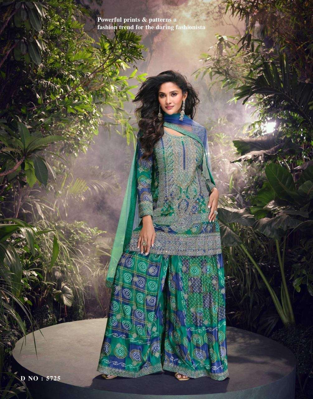 DESIGNER FANCY WEDDING PARTY WEAR INDIAN CHINON SILK BLUE SHARARA PALAZZO SALWAR SUIT SY CARNIVAL 5725