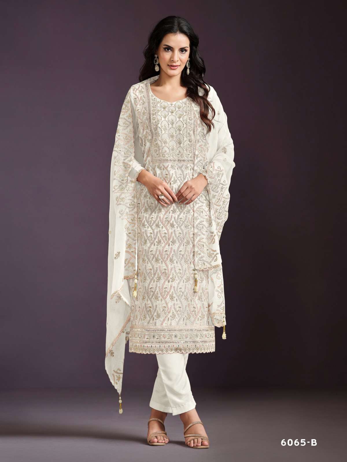 DESIGNER FANCY WEDDING PARTY WEAR INDIAN CHINON WHITE SALWAR SUIT HT VIPUL 6065 B