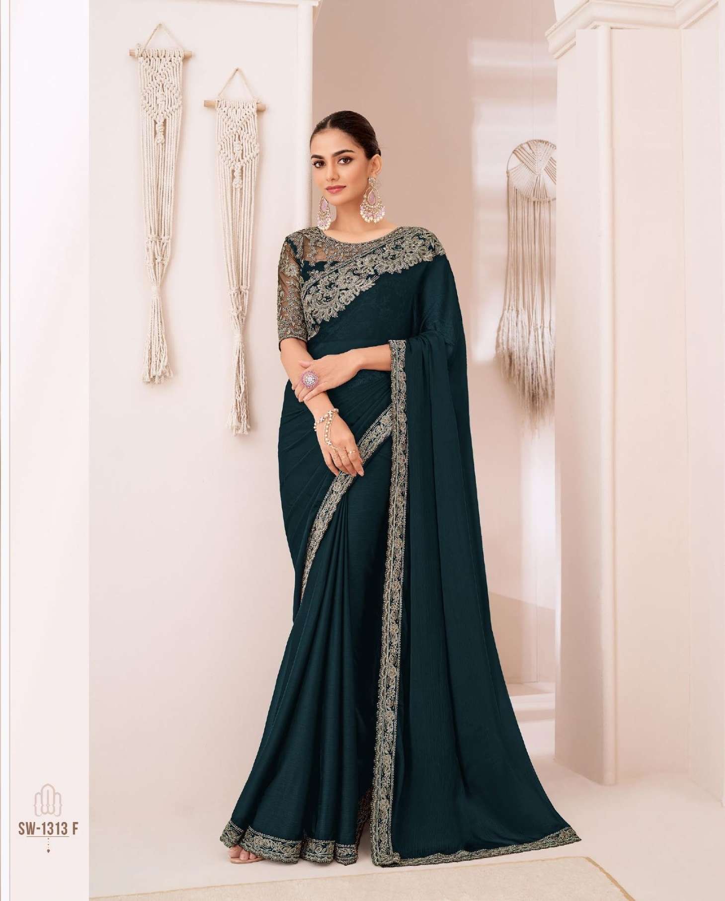 DESIGNER FANCY WEDDING PARTY WEAR INDIAN DARK GREEN GEORGETTE SAREE COLLECTION SM TFH 1313 F