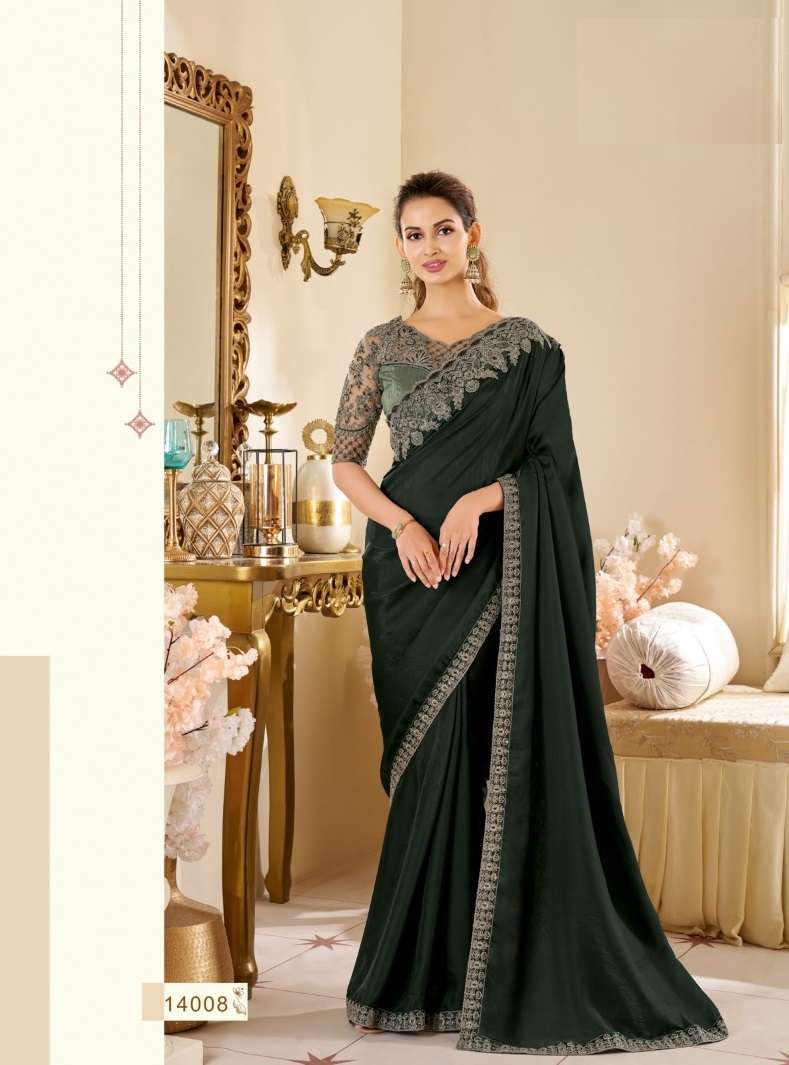 DESIGNER FANCY WEDDING PARTY WEAR INDIAN DARK GREEN GEORGETTE SAREE COLLECTION SM ANMOL 14008