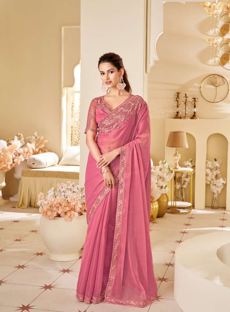 DESIGNER FANCY WEDDING PARTY WEAR INDIAN GAJARI PINK GEORGETTE SAREE COLLECTION SM ANMOL 14005