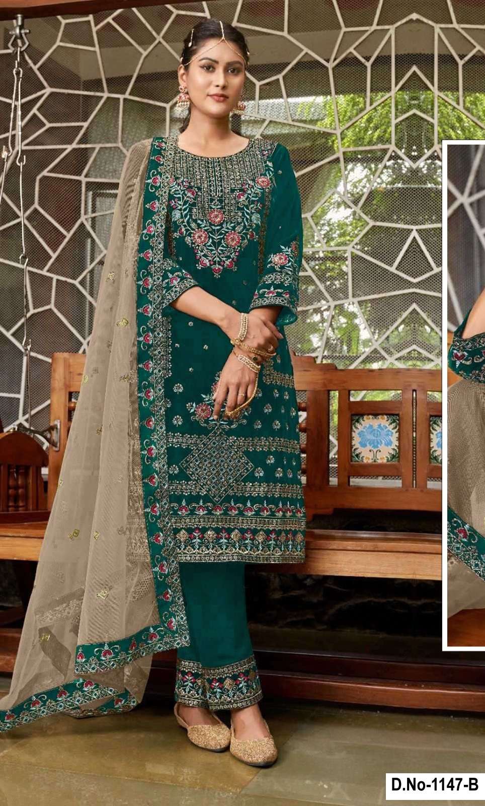 DESIGNER FANCY WEDDING PARTY WEAR INDIAN GREEN BLUE VELVET SHARARA PALAZZO SALWAR SUIT SRH 1147 B