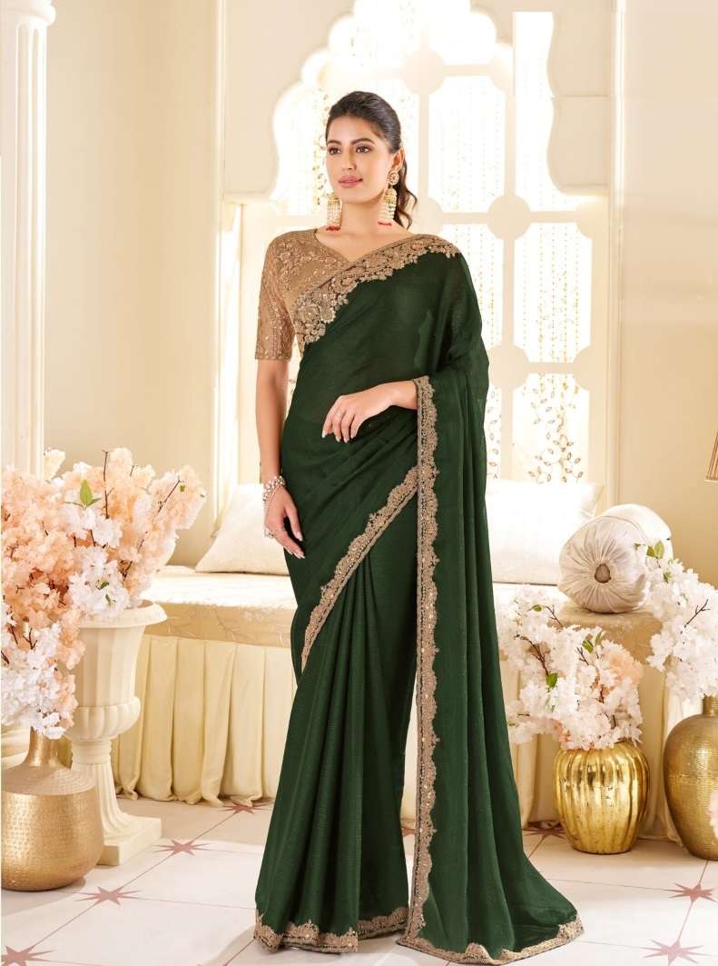 DESIGNER FANCY WEDDING PARTY WEAR INDIAN GREEN GEORGETTE SAREE COLLECTION SM ANMOL 14010