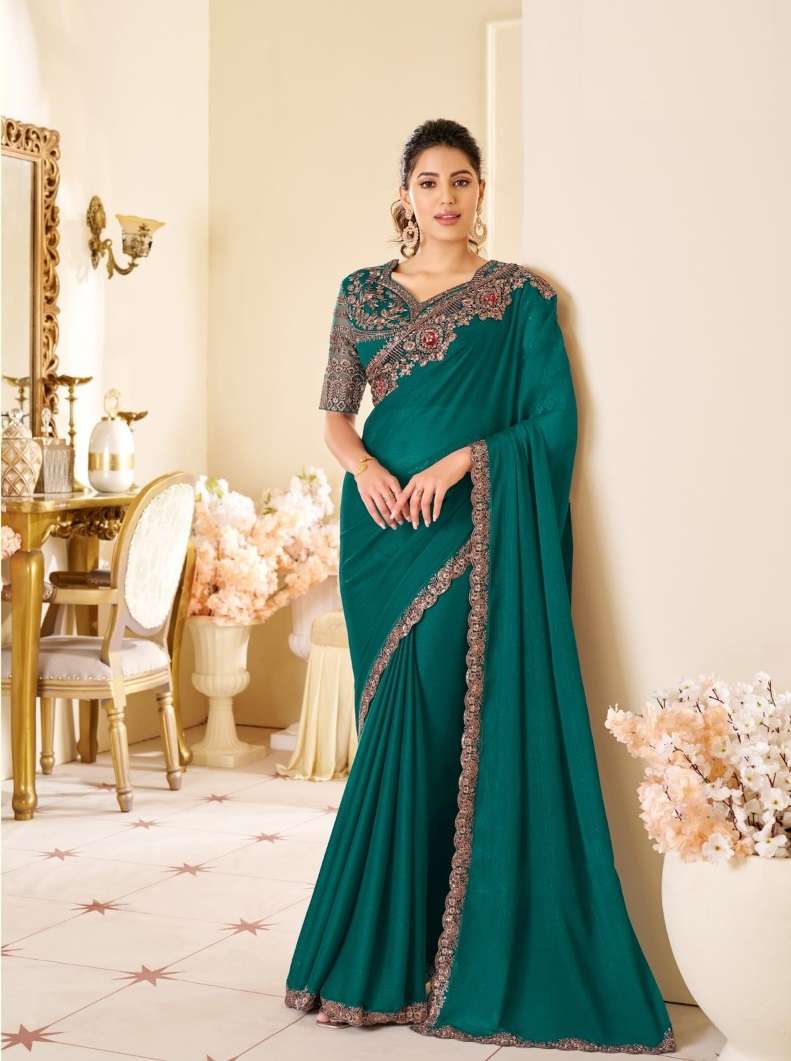 DESIGNER FANCY WEDDING PARTY WEAR INDIAN GREEN GEORGETTE SAREE COLLECTION SM ANMOL 14013