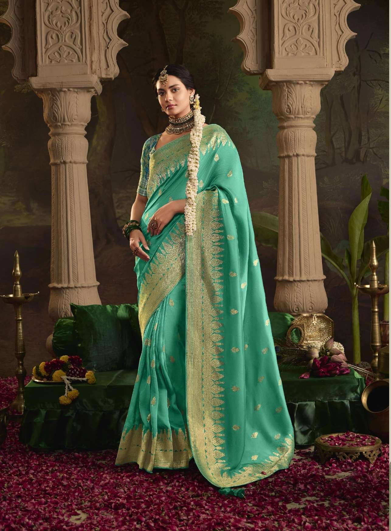 DESIGNER FANCY WEDDING PARTY WEAR INDIAN GREEN SILK SAREE COLLECTION SM KM RAAS 362