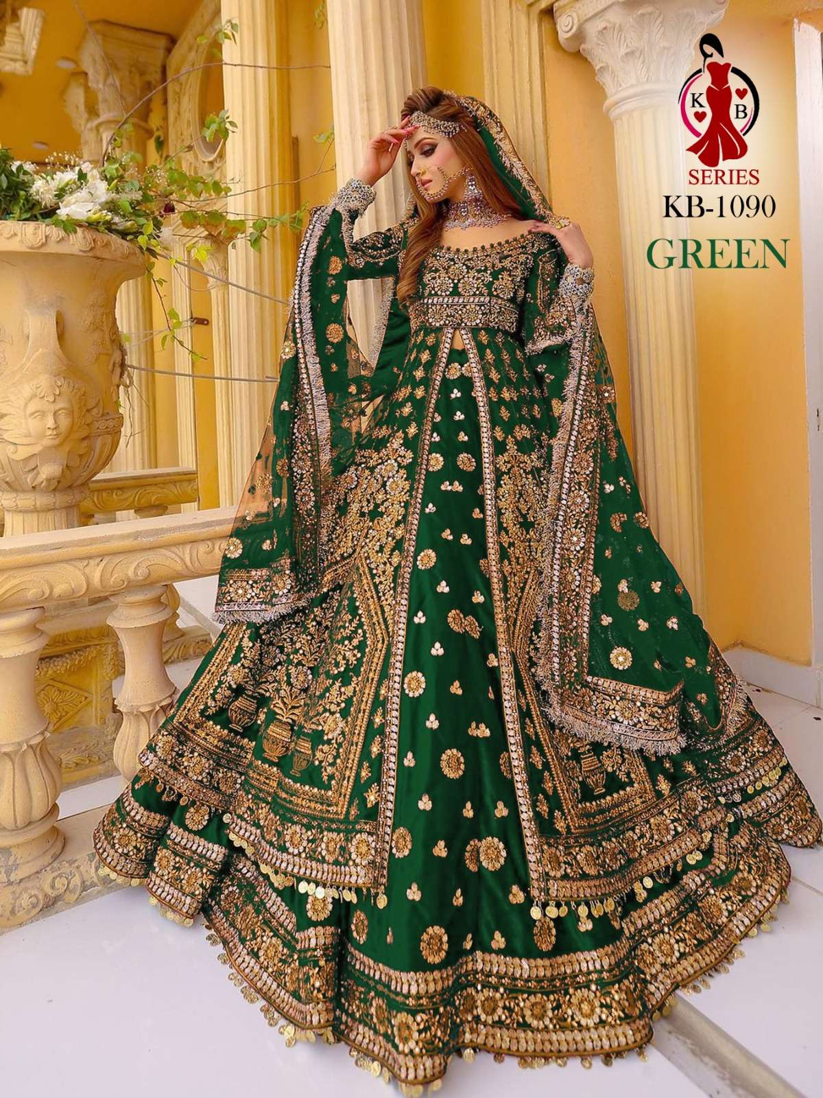 DESIGNER FANCY WEDDING PARTY WEAR INDIAN GREEN VELVET BRIDAL LEHENGA LONG CHOLI TOP WITH DUPATTA SENHORA KB 1090