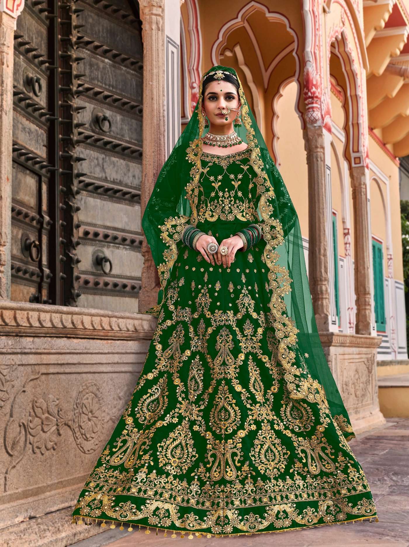 DESIGNER FANCY WEDDING PARTY WEAR INDIAN GREEN VELVET BRIDAL LEHENGA CHOLI WITH DUPATTA SENHORA RIWAYAT 3074 C