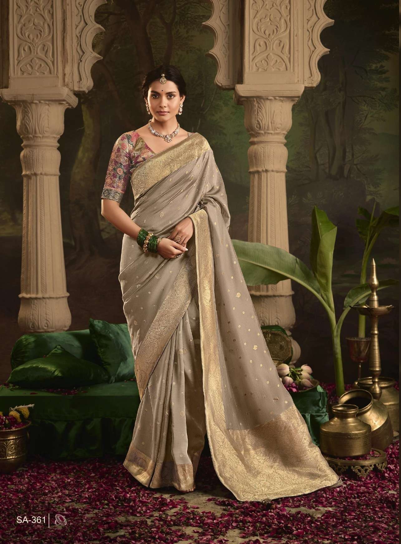 DESIGNER FANCY WEDDING PARTY WEAR INDIAN GREY SILK SAREE COLLECTION SM KM RAAS 361