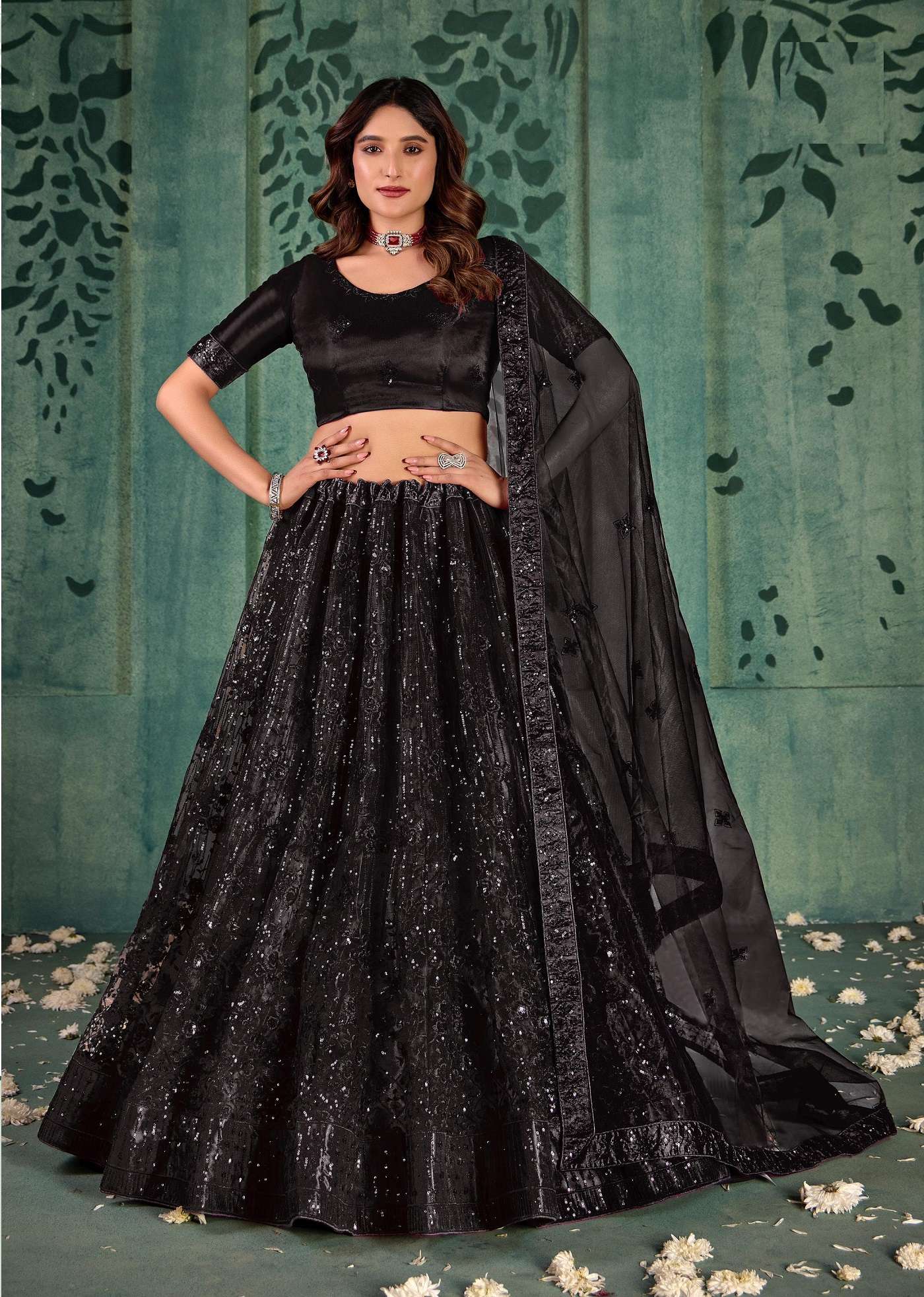 DESIGNER FANCY WEDDING PARTY WEAR INDIAN HEAVY BLACK NET LEHENGA CHOLI WITH DUPATTA TT ELEGANCE 1005 B