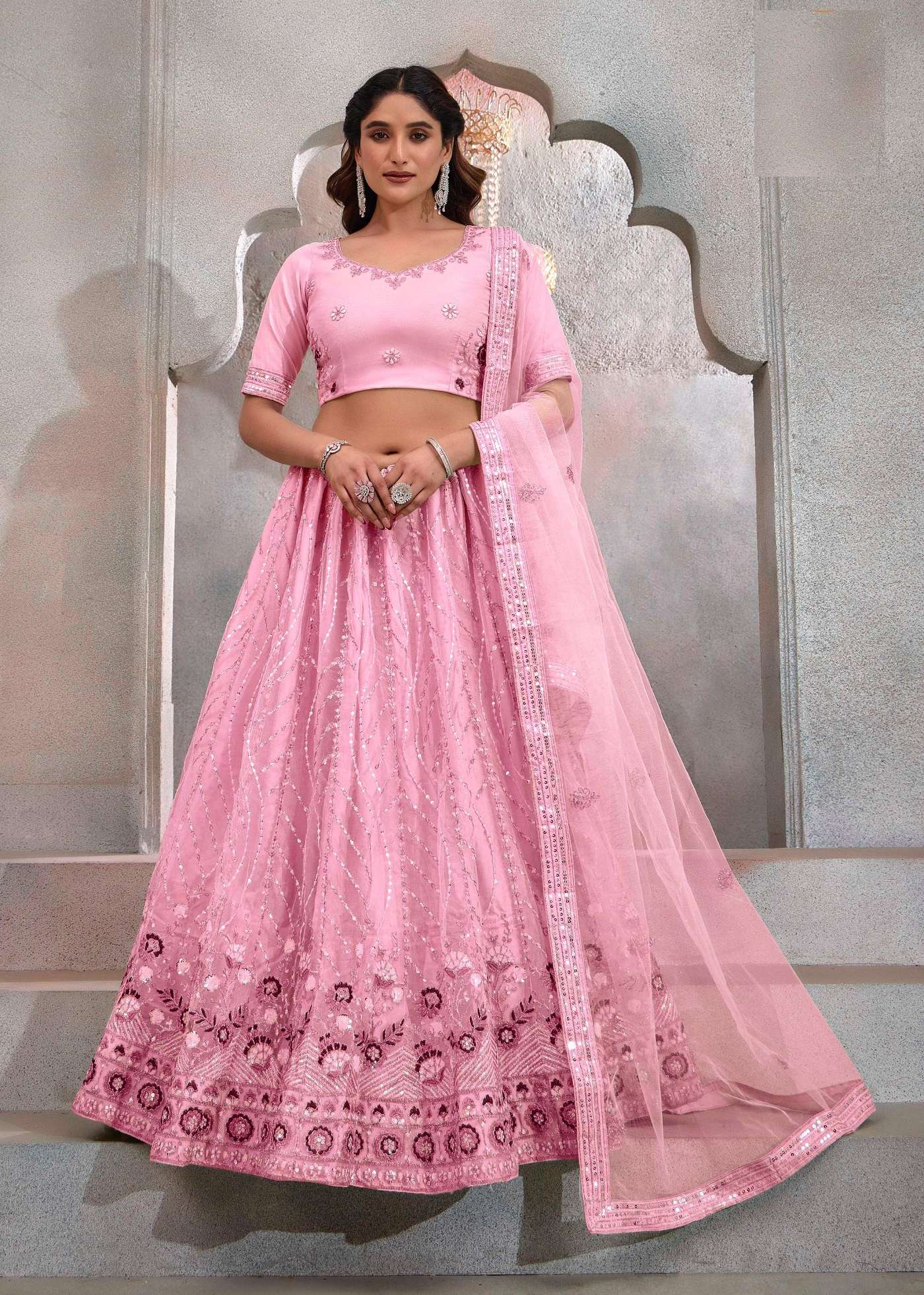 DESIGNER FANCY WEDDING PARTY WEAR INDIAN HEAVY NET PINK LEHENGA CHOLI WITH DUPATTA TT EEVA 1001 B