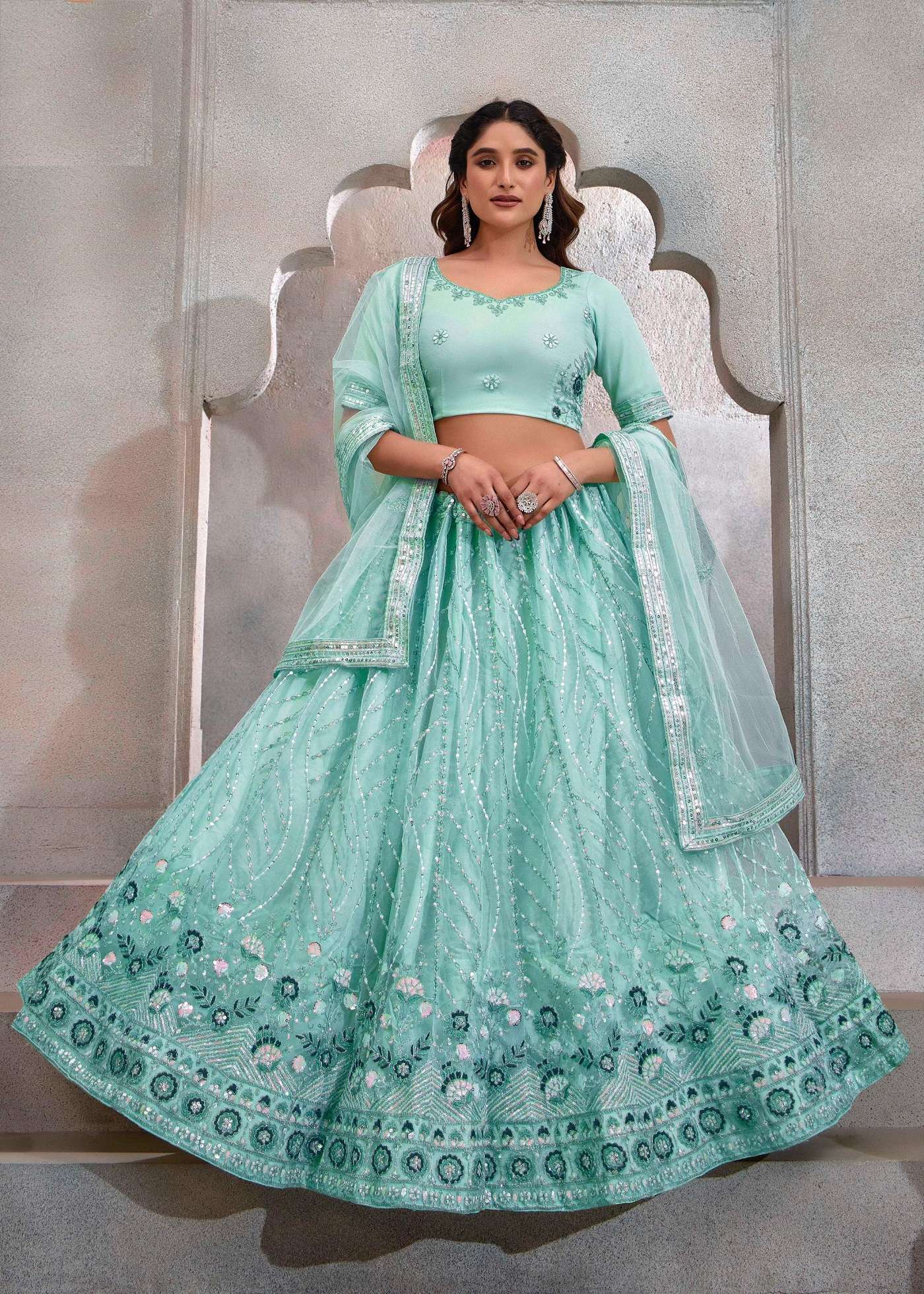 DESIGNER FANCY WEDDING PARTY WEAR INDIAN HEAVY NET SKY BLUE LEHENGA CHOLI WITH DUPATTA TT EEVA 1001 C