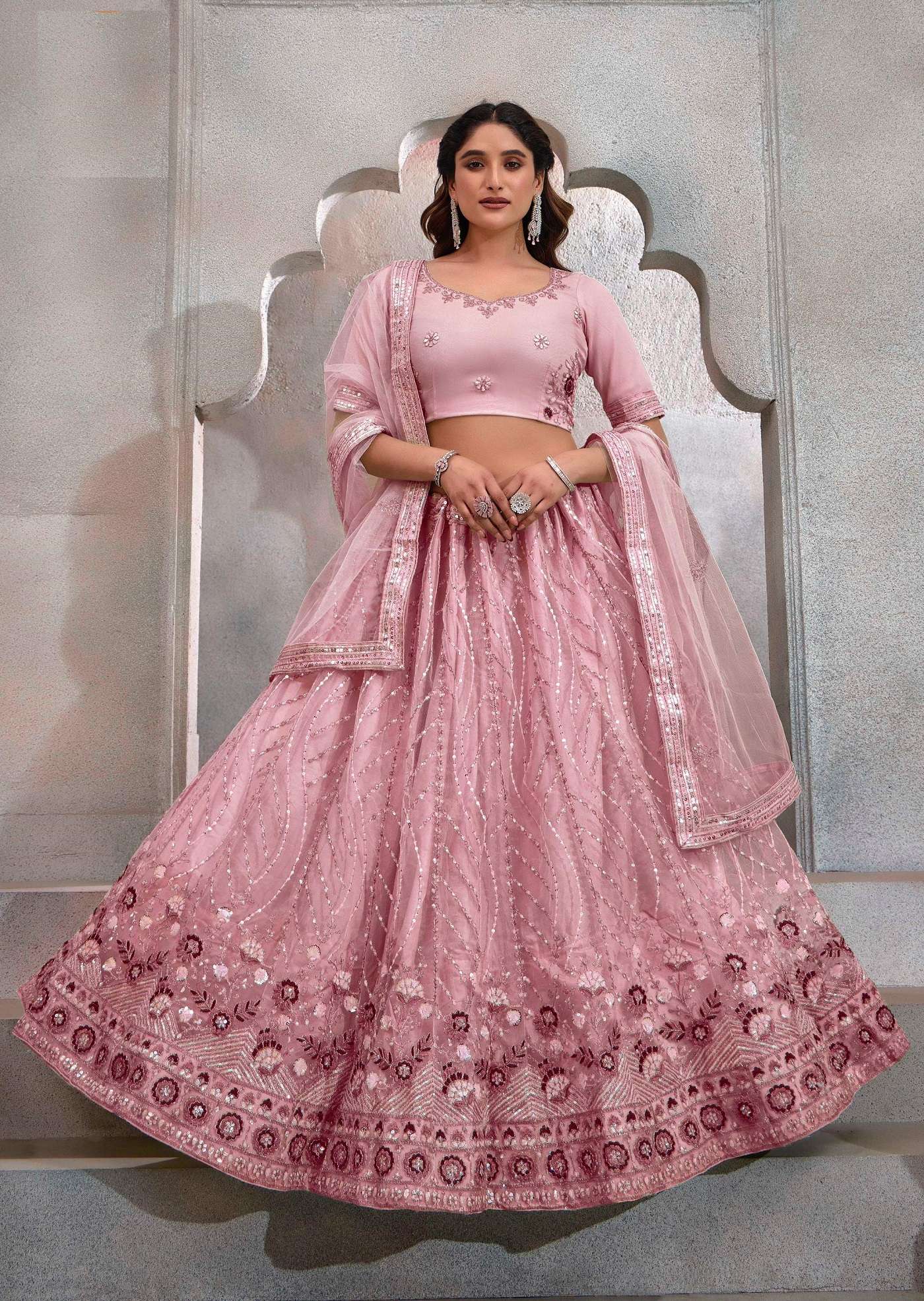 DESIGNER FANCY WEDDING PARTY WEAR INDIAN HEAVY NET PEACH LEHENGA CHOLI WITH DUPATTA TT EEVA 1001 D