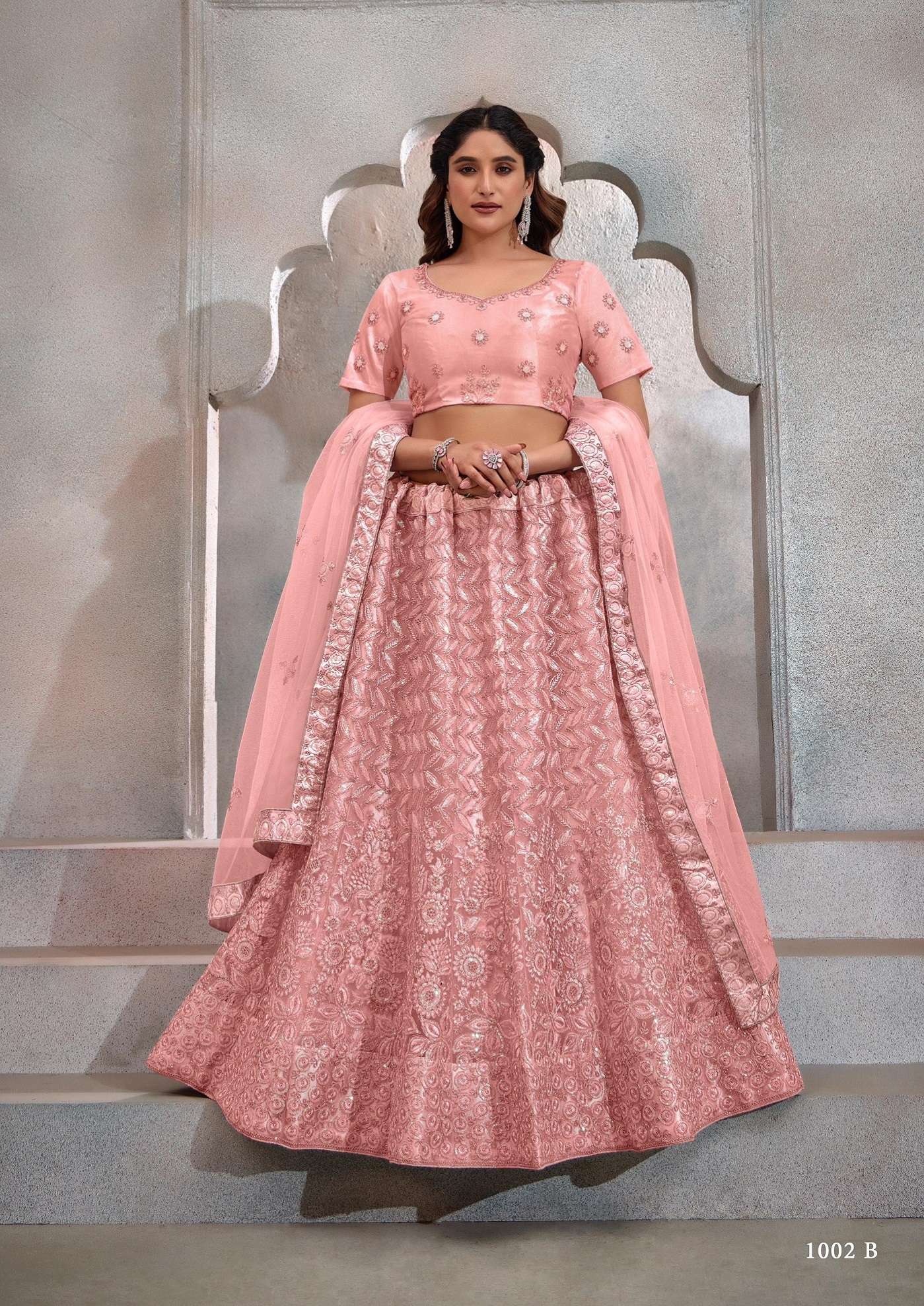 DESIGNER FANCY WEDDING PARTY WEAR INDIAN HEAVY PEACH NET LEHENGA CHOLI WITH DUPATTA TT EEVA 1002 B